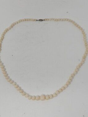 Antique Graduated Chinese White Hetian Jade Beaded Necklace Sterling Clasp 13"
